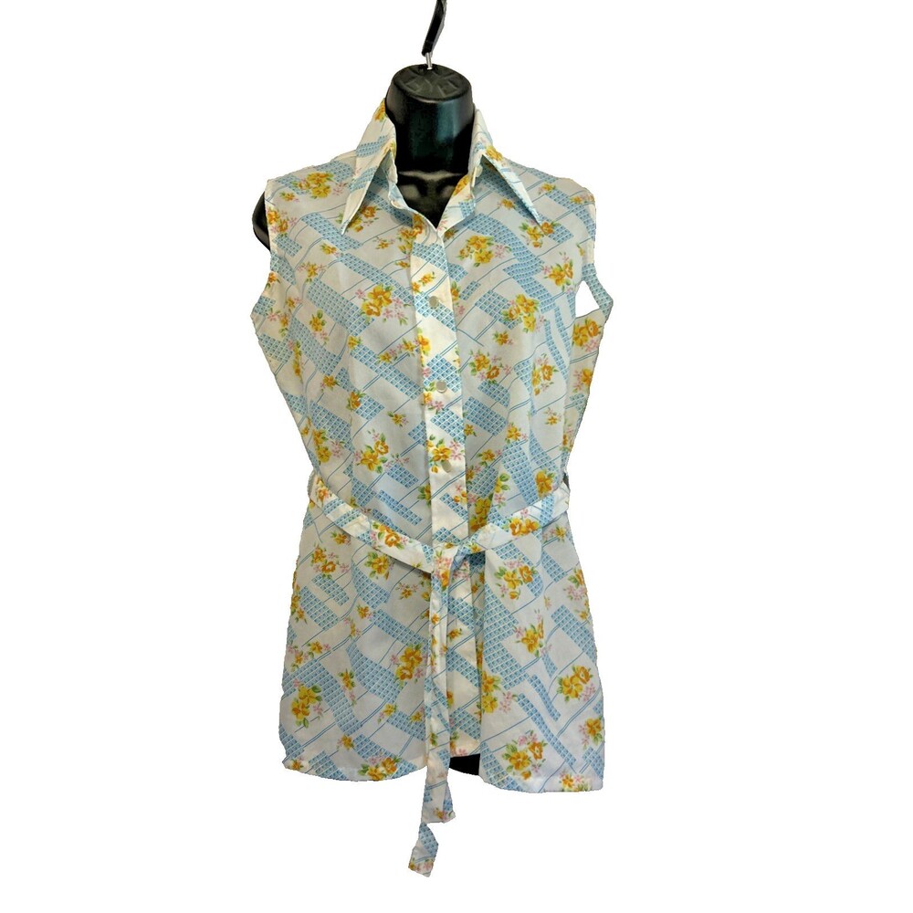 #8127 Vintage Top Button Sleeveless Collared Floral Blue Green Tank Kmart 1970'S